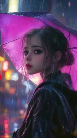 Young woman with purple umbrella in neon city rain.