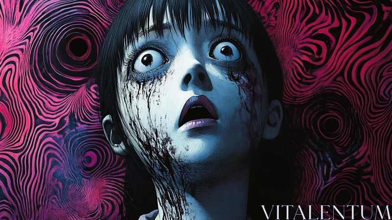 Haunted gaze in swirling neon horror dreamscape.