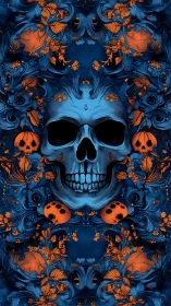 Skull emerges amid blue swirls and fiery orange foliage.