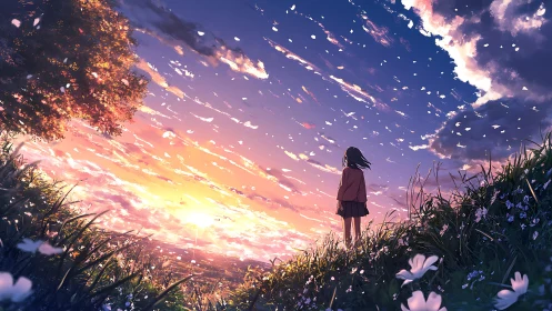 Girl watches a glowing sunset sky from a windblown hill