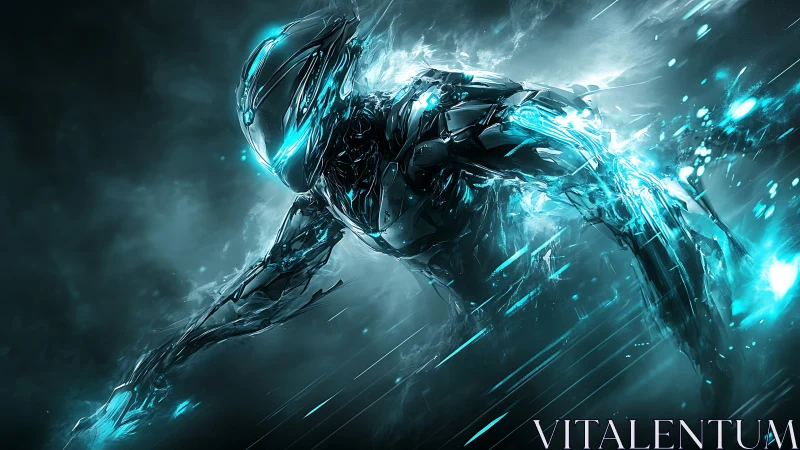 Futuristic cyber warrior racing through crackling blue light.