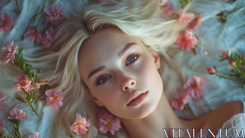 Blonde woman lies among soft pink blossoms in daylight