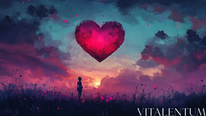 Solitary figure gazes at luminous heart suspended in twilight sky.