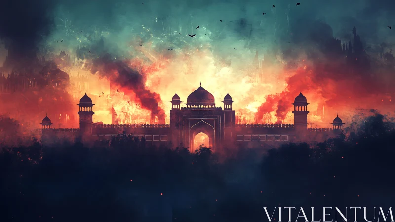 Citadel of embers rising against a storm-torn twilight sky.