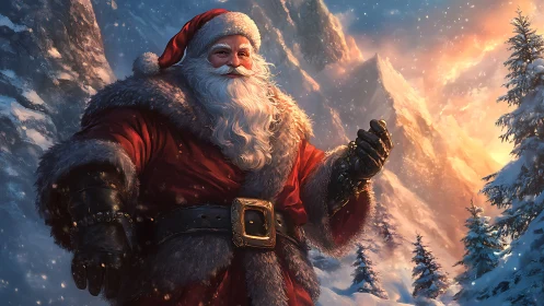 Warm-hearted Santa greets a glowing winter mountain sunrise