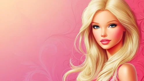 Radiant blonde portrait glowing against soft pink swirls.