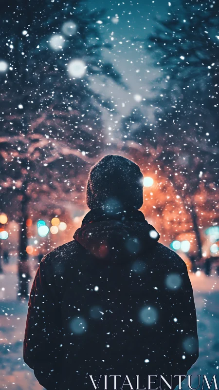 Backlit winter figure in urban snowfall bokeh field study.