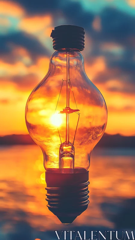 Sunlit glass lightbulb frames glowing ocean sunset scene.