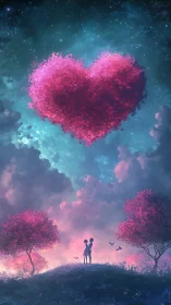 Cosmic Heart: Two Silhouettes Under a Glowing Sky