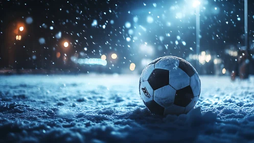Soccer ball rests on illuminated snowy field during snowfall