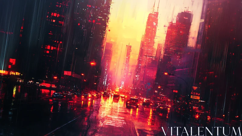 Rain soaked city street shows dense traffic at neon sunset