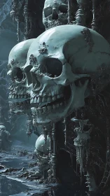 Haunting skull cavern bathed in eerie pale blue light.