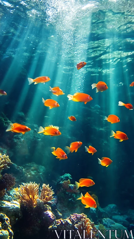 Sunlit reef ballet with ember-bright orange fish drifting.