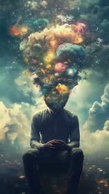Exploded cerebral cosmos emerges from seated figure in luminous clouds