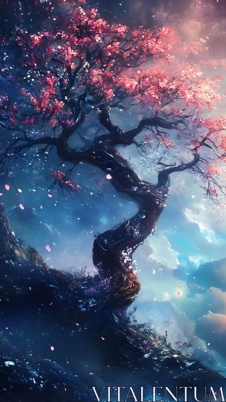 Twisting cherry tree under soft glowing twilight sky.