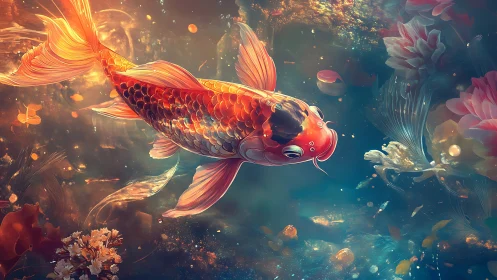 Glowing koi drifts through a dreamy underwater garden world
