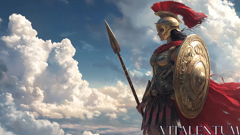 Armored spear-bearing figure against expansive cloudscape.