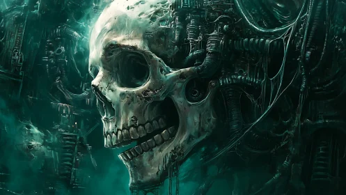 Colossal biomechanical skull looms in a cold teal abyss