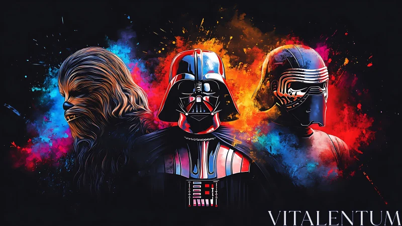 Triad of galactic legends in nebula-splashed neon armor.