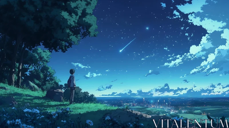 Stargazing hillside dreamer under a comet-kissed twilight sky.