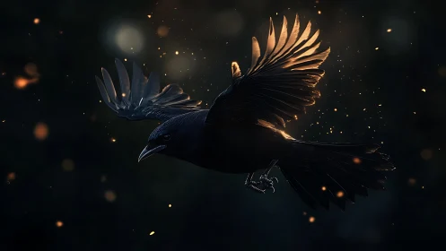 Black bird in mid-flight crosses dark frame with sparks