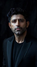 Moody studio portrait of contemplative man in black blazer.