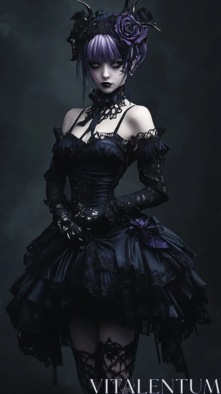 Gothic lolita character in dark lace dress with horns.