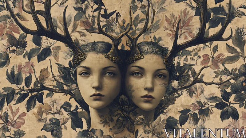 Surreal twin portraits with antler crowns in botanical tapestry.
