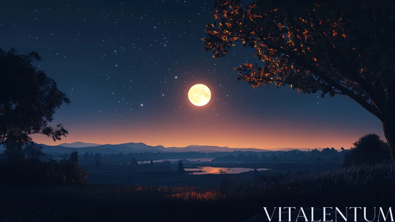 Lunar-lit river valley at blue hour with silhouetted trees and stars.