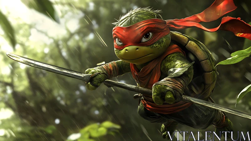 Nimble ninja turtle hero soars forward through lush jungle air