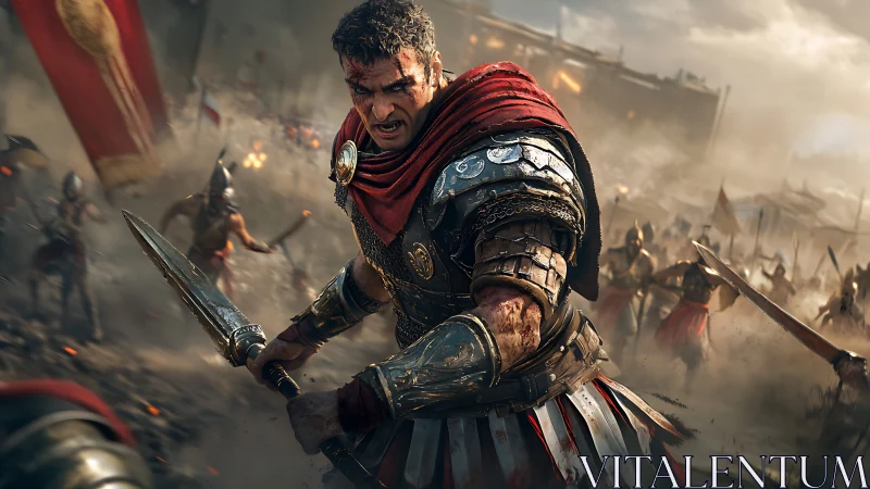 Bloodied legate storms the battlefield in burning chaos.