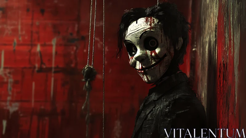 Grinning puppet in a crimson hall of eerie whispers.