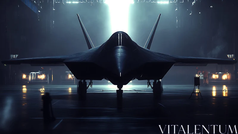 Sleek stealth jet waits in a glowing hangar for night flight