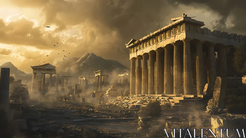 Digital painting of ruined Parthenon in storm-lit golden dustscape.
