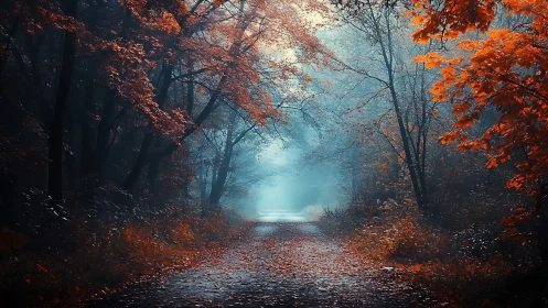 Autumn Forest Path Through Mist.
