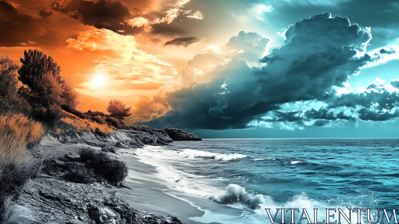 Bifurcated coastal seascape contrasts warm sunset and cyan storm