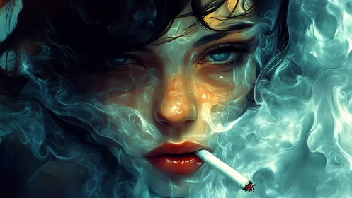 Smoldering gaze cuts through teal smoke and golden light.