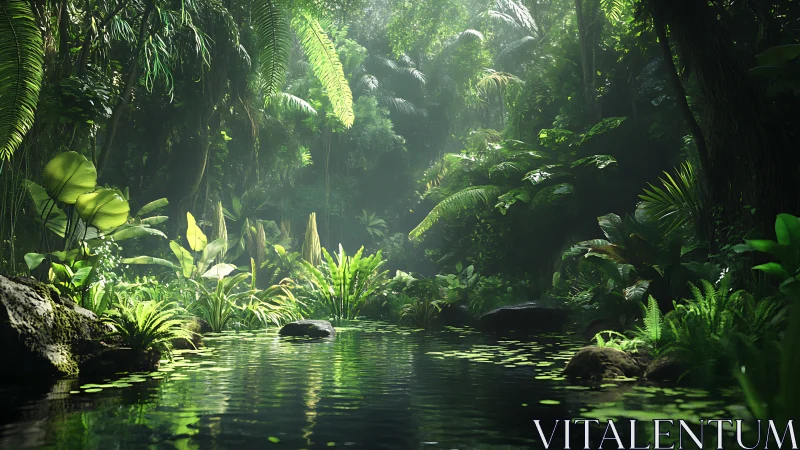 Ray-traced tropical jungle creek with volumetric god rays