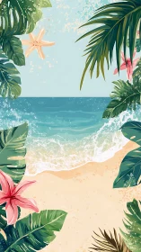 Sunlit tropical shore framed by lush leaves and lilies.