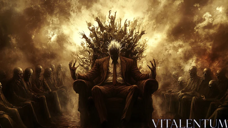 Brooding ruler sits on a fiery throne of anguished souls