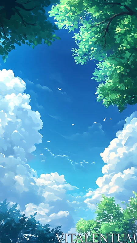 Vibrant summer sky framed by lush foliage and cumulus clouds