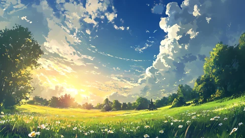 Sunlit meadow under towering cumulus clouds at dawn.