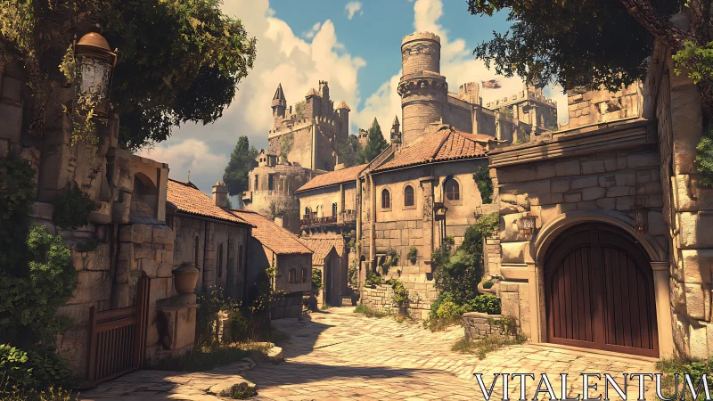 Sunlit medieval lane winding toward a castle keep.