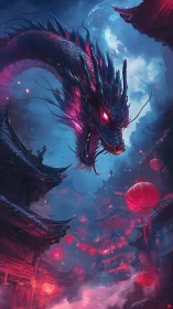 Luminous moonlit dragon coils above neon-lit pagoda city.