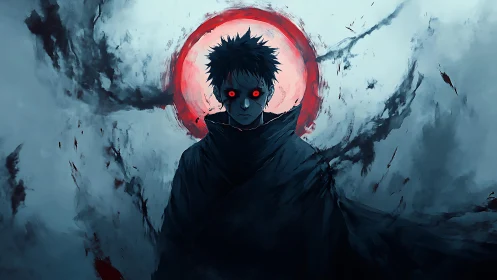 Dark cloaked figure with glowing red eyes before blood-red halo