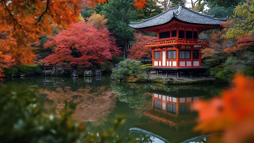 Tranquil Japanese pavilion mirrored in autumn pond reflections.