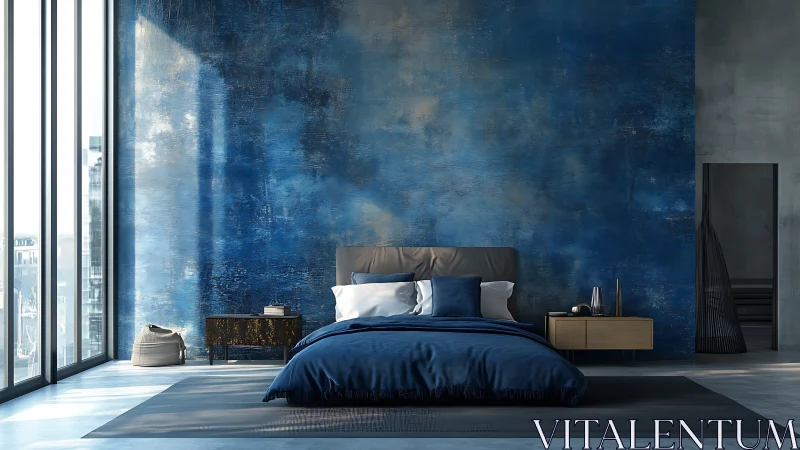 Minimalist blue bedroom with floor-to-ceiling glazing and textured wall