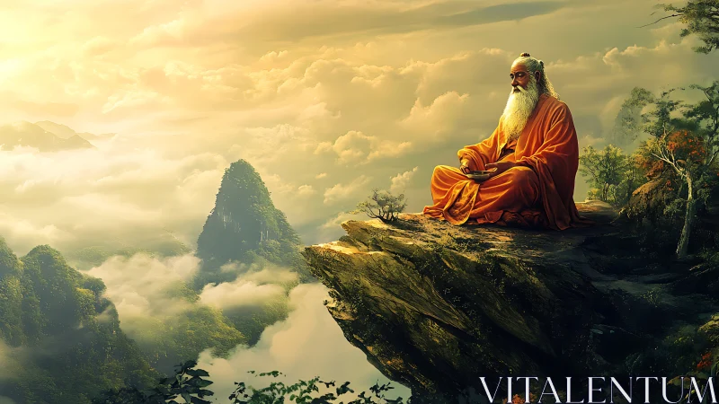 Skyline sage on a cloud-kissed cliff in molten sunrise hush.