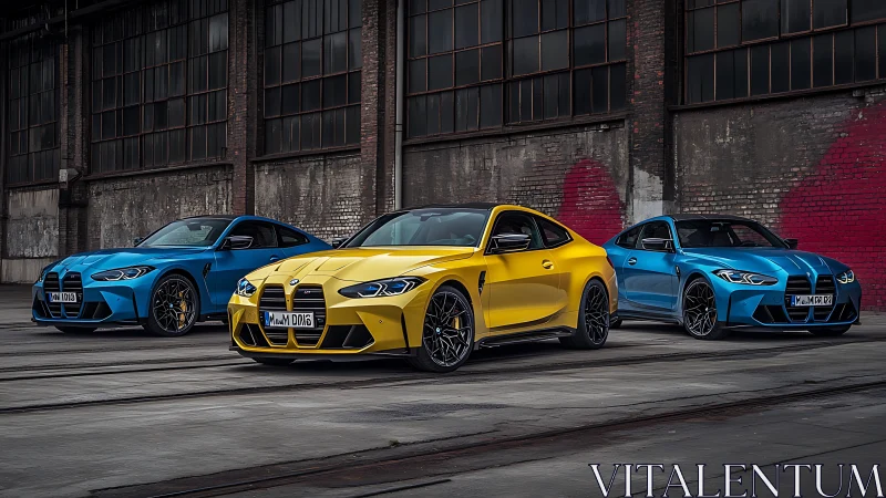 Triad of BMW M4 coupés aligned in industrial warehouse setting