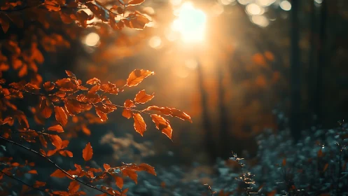 Backlit autumn foliage with shallow depth of field bokeh glow